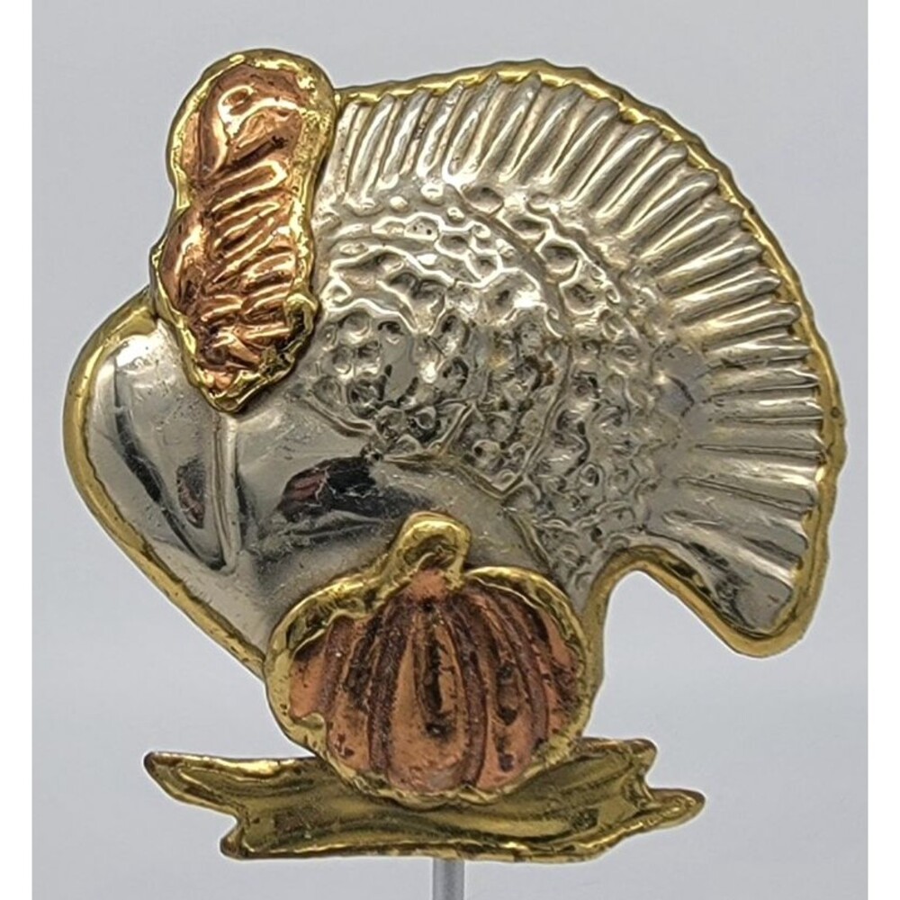 Turkey Pumpkin Brooch Pendant Mixed Metal Thanksgiving Fall Pin Vintage 2.88"
